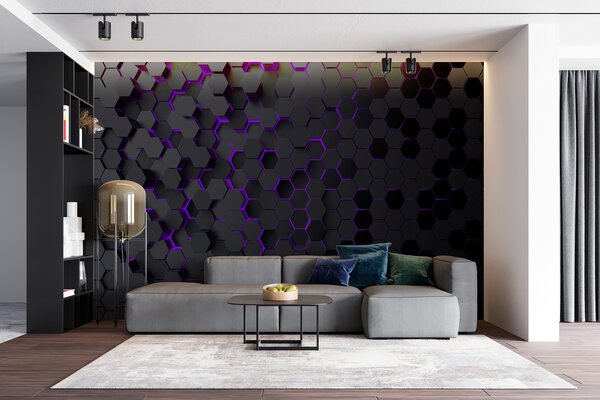 Fototapet Un hexagoane negru și violet, Fototapet geometric 3D, Fototapet populare, u93618v3 - Tapeko.ro