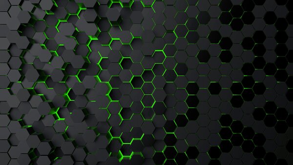 Fototapet Un hexagoane negru cu lumini verzi, Fototapet geometric 3D, Fototapet populare, u93618v1 - Tapeko.ro