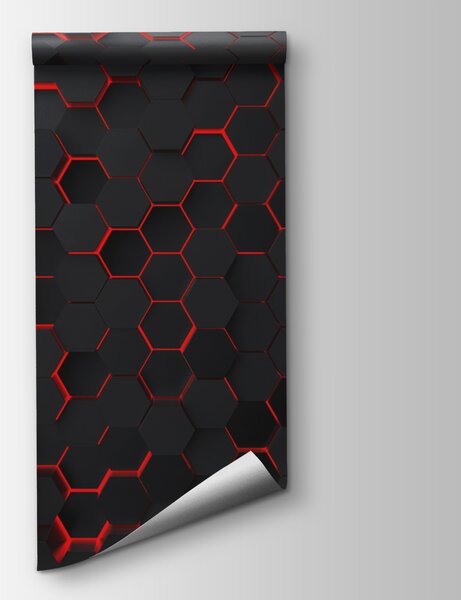 Fototapet Un hexagoane negru cu lumină roșie, Fototapet geometric 3D, Fototapet populare, u93618v2 - Tapeko.ro