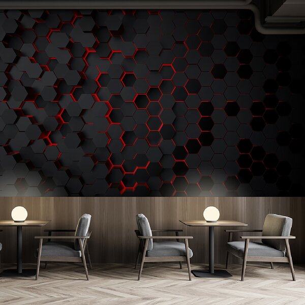 Fototapet Un hexagoane negru cu lumină roșie, Fototapet geometric 3D, Fototapet populare, u93618v2 - Tapeko.ro