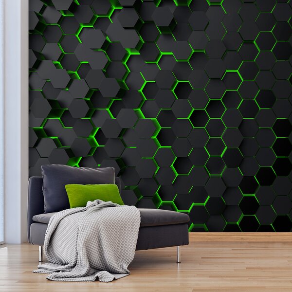 Fototapet Un hexagoane negru cu lumini verzi, Fototapet geometric 3D, Fototapet populare, u93618v1 - Tapeko.ro