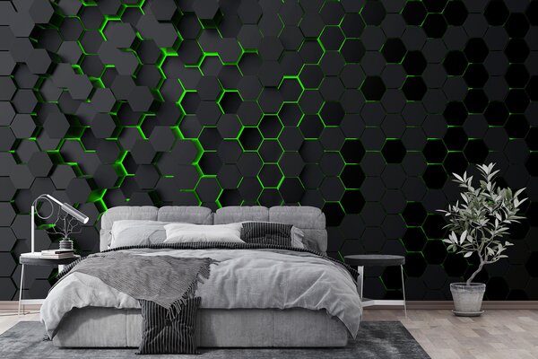 Fototapet Un hexagoane negru cu lumini verzi, Fototapet geometric 3D, Fototapet populare, u93618v1 - Tapeko.ro