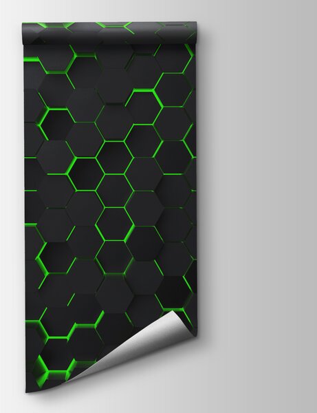 Fototapet Un hexagoane negru cu lumini verzi, Fototapet geometric 3D, Fototapet populare, u93618v1 - Tapeko.ro