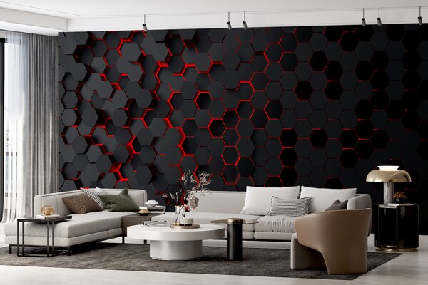 Fototapet Un hexagoane negru cu lumină roșie, Fototapet geometric 3D, Fototapet populare, u93618v2 - Tapeko.ro