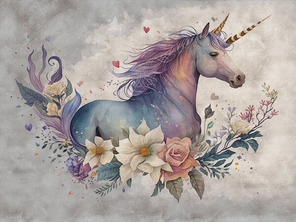 Fototapet Un unicorn cu flori și frunze, Fototapet unicorni, Fototapet populare, u95411 - Tapeko.ro