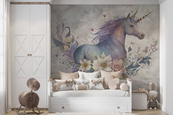 Fototapet Un unicorn cu flori și frunze, Fototapet unicorni, Fototapet populare, u95411 - Tapeko.ro