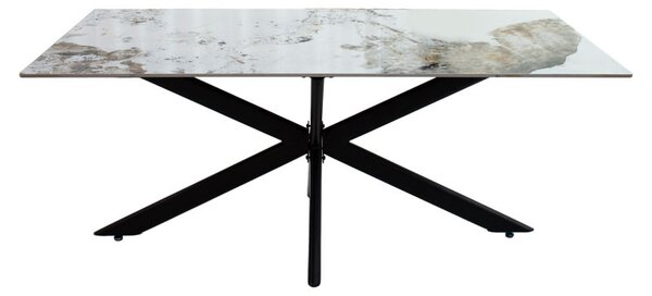 Masa Bethan imitatie de piatra aspect marmura alba - picior metal negru 180x90x75cm