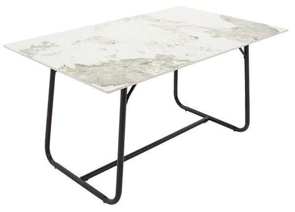 Masa Revello imitatie de piatra aspect marmura alba - picior metal negru 150x90x75cm