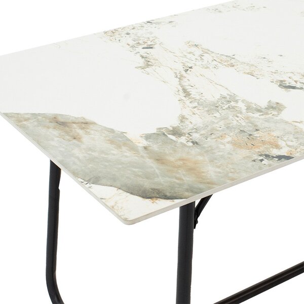 Masa Revello imitatie de piatra aspect marmura alba - picior metal negru 150x90x75cm