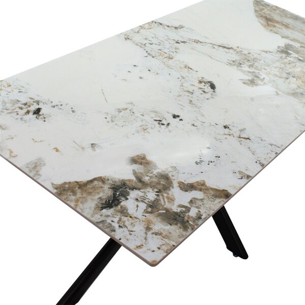 Masa Bethan imitatie de piatra aspect marmura alba - picior metal negru 180x90x75cm