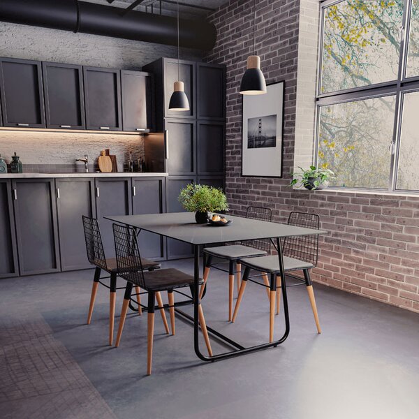 Masa Revello imitatie de piatra aspect marmura neagra - picior metal negru 150x90x75cm
