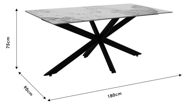 Masa Bethan imitatie de piatra aspect marmura alba - picior metal negru 180x90x75cm