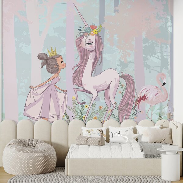 Fototapet Un desen animat de o fată și un unicorn într-o pădure, Fototapet fete, Fototapet populare, u97350 - Tapeko.ro