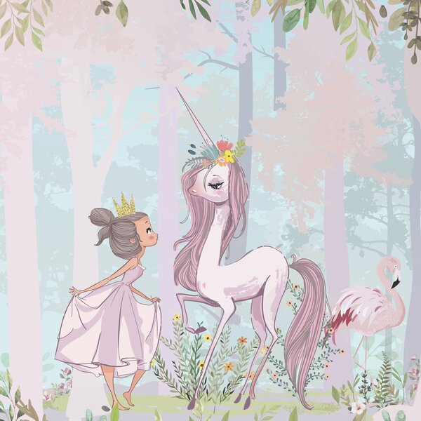 Fototapet Un desen animat de o fată și un unicorn într-o pădure, Fototapet fete, Fototapet populare, u97350 - Tapeko.ro