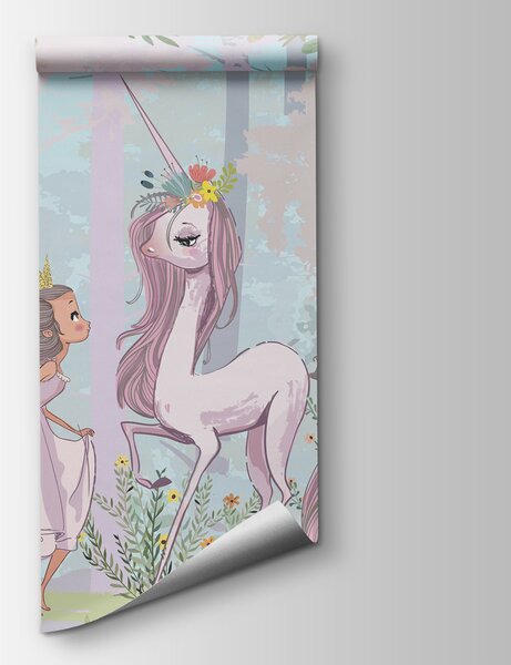 Fototapet Un desen animat de o fată și un unicorn într-o pădure, Fototapet fete, Fototapet populare, u97350 - Tapeko.ro