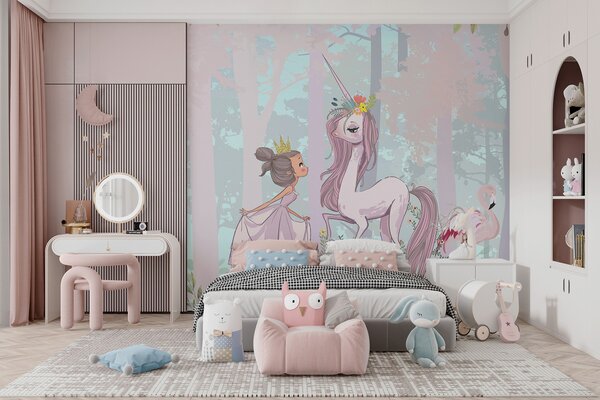 Fototapet Un desen animat de o fată și un unicorn într-o pădure, Fototapet fete, Fototapet populare, u97350 - Tapeko.ro