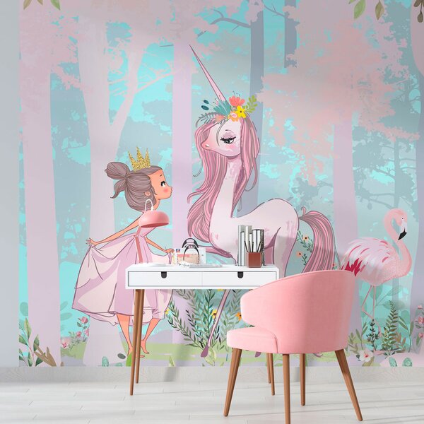 Fototapet Un desen animat de o fată și un unicorn într-o pădure, Fototapet fete, Fototapet populare, u97350 - Tapeko.ro