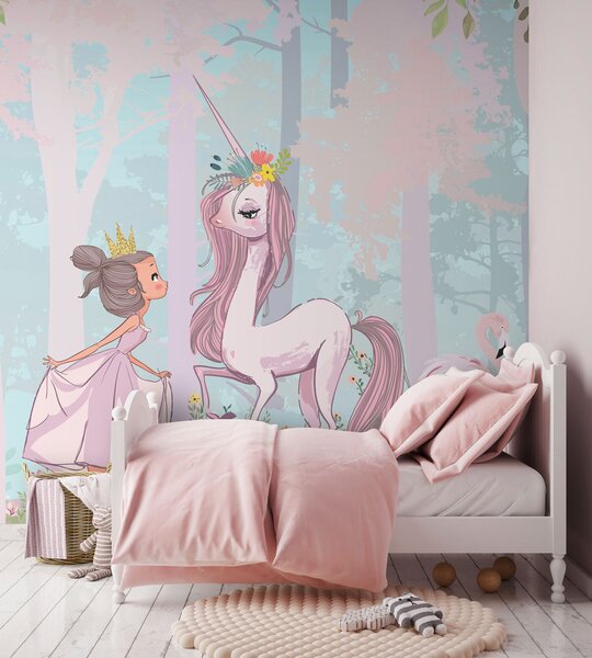 Fototapet Un desen animat de o fată și un unicorn într-o pădure, Fototapet fete, Fototapet populare, u97350 - Tapeko.ro