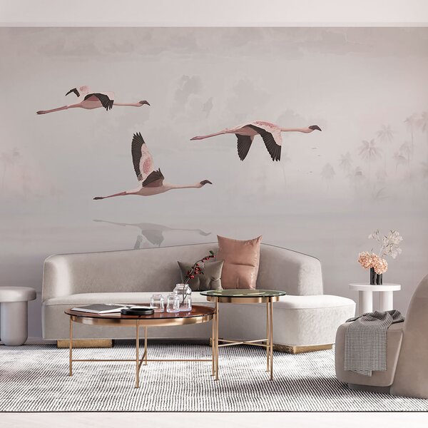 Fototapet Un grup de flamingo care zboară deasupra apei, Fototapet plajă, Fototapet populare, u97457 - Tapeko.ro