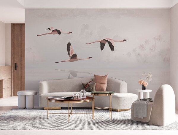 Fototapet Un grup de flamingo care zboară deasupra apei, Fototapet plajă, Fototapet populare, u97457 - Tapeko.ro