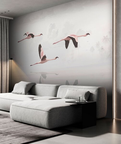 Fototapet Un grup de flamingo care zboară deasupra apei, Fototapet plajă, Fototapet populare, u97457 - Tapeko.ro