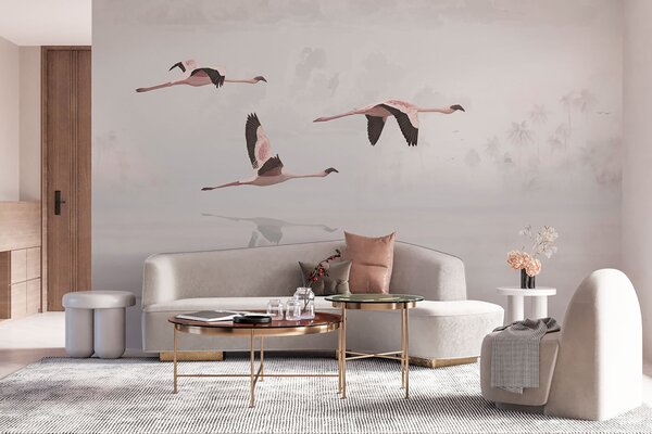 Fototapet Un grup de flamingo care zboară deasupra apei, Fototapet plajă, Fototapet populare, u97457 - Tapeko.ro