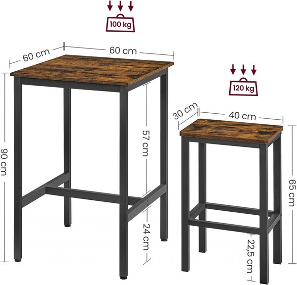 Set masa de bar, Vasagle, Maro-Negru, 60x60x90 cm
