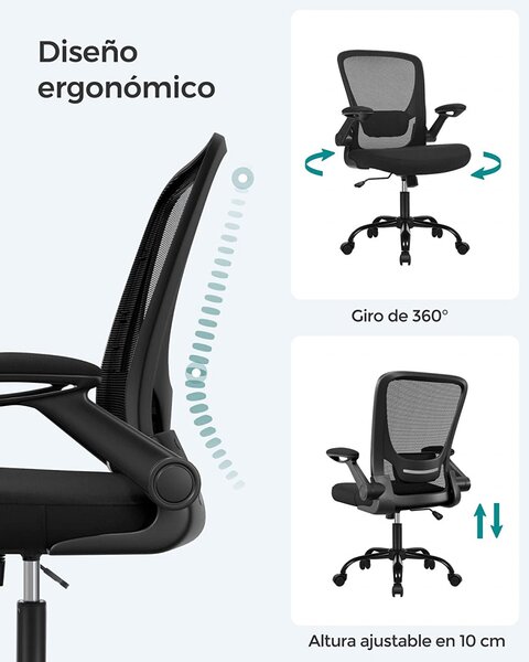 Scaun de birou, Songmics, Negru, 66x60x(99-107) cm