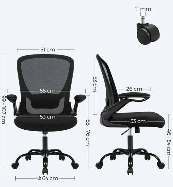 Scaun de birou, Songmics, Negru, 66x60x(99-107) cm