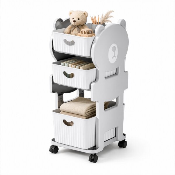 Dulap organizator de jucarii, din plastic, 3 sertare depozitare, model ursulet, JollyMag, PO26, 68x35x29 cm