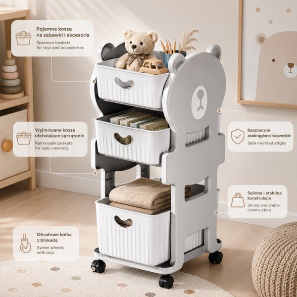 Dulap organizator de jucarii, din plastic, 3 sertare depozitare, model ursulet, JollyMag, PO26, 68x35x29 cm