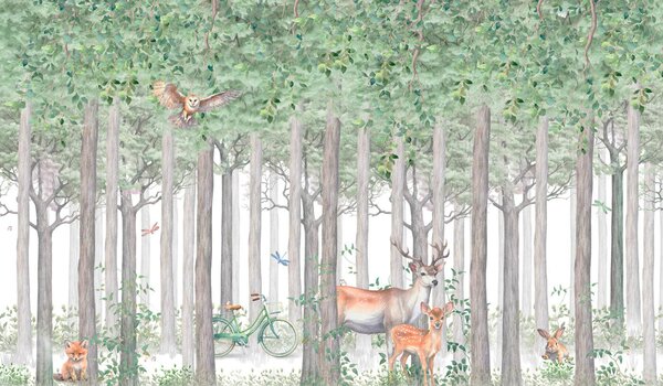 Fototapet Un grup de animale într-o pădure, Fototapet pădure, Fototapet populare, u97629 - Tapeko.ro
