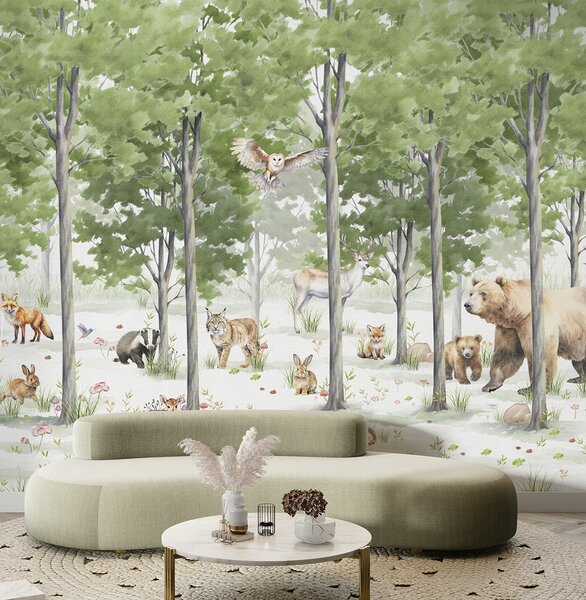 Fototapet Un grup de animale într-o pădure, Fototapet pădure, Fototapet populare, u97741 - Tapeko.ro