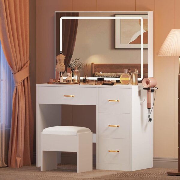 SEA456 - Set Masa toaleta 90 cm cosmetica machiaj, oglinda cu LED, masuta vanity cu scaun tapitat, Priza, USB, suport uscator - Alb
