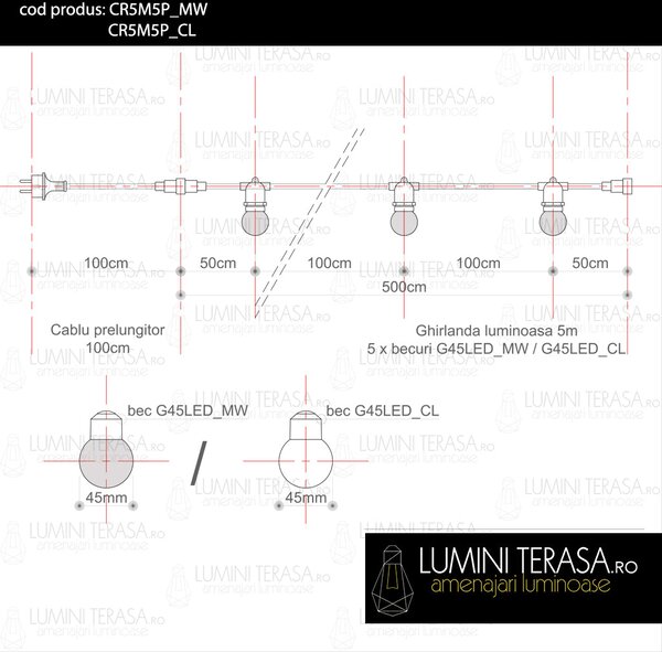 Ghirlanda luminoasa 5 m. cu 5 becuri LED 1W E27 interconectabila