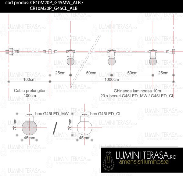 Ghirlanda luminoasa 10 m. cu 20 becuri LED 1W interconectabila