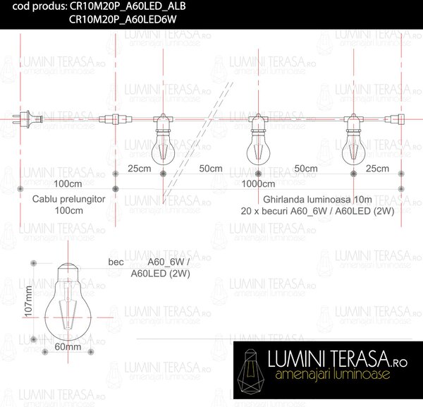 Ghirlanda luminoasa 10 m. cu 20 becuri A60 LED E27 interconectabila