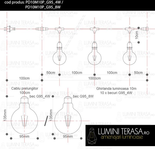 Ghirlanda luminoasa 10 m. cu 10 becuri mari G95 LED E27 interconectabila