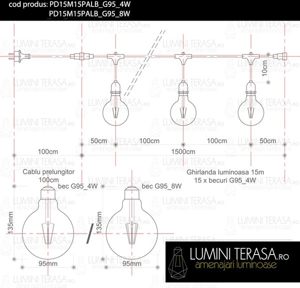 Ghirlanda luminoasa 15 m. cu 15 becuri mari G95 LED E27 interconectabila