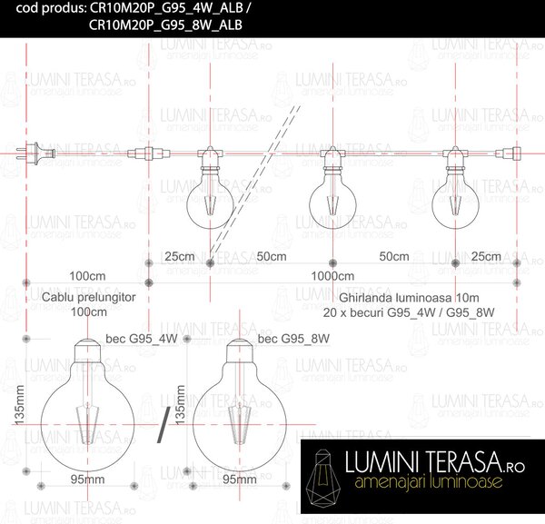 Ghirlanda luminoasa 10 m. cu 20 becuri mari G95 LED E27 interconectabila