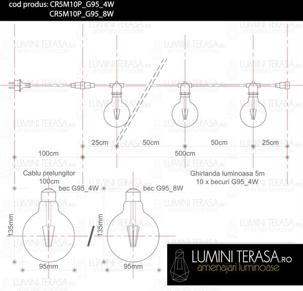 Ghirlanda luminoasa 5 m. cu 10 becuri mari G95 LED E27 interconectabila