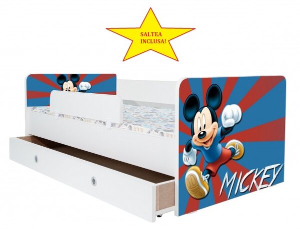 Pat Kiddy, imprimat cu Mickey Mouse, pentru 2-8 ani, cu protectie si saltea, 140x70 cm