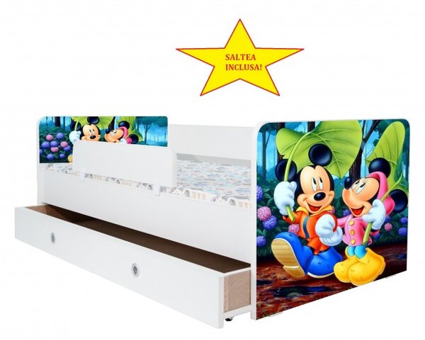 Pat Kiddy, imprimat cu Mickey si Minnie Mouse, cu protectie si saltea, 180x80 cm