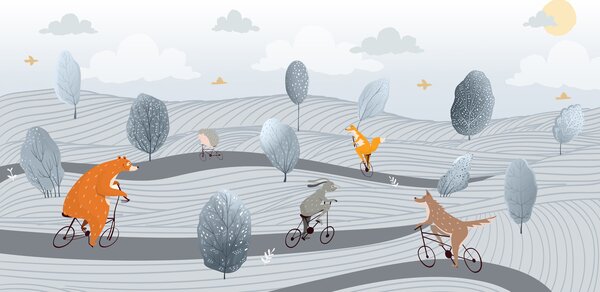 Fototapet Un grup de animale care merg pe bicicletă pe un câmp, Fototapet copii, Fototapet populare, u98687 - Tapeko.ro