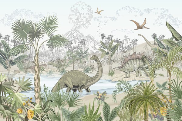 Fototapet Un grup de dinozauri într-un râu, Fototapet copii, Fototapet populare, u98674 - Tapeko.ro