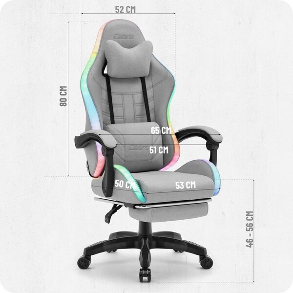 CABRO C501 scaun de gaming cu iluminare LED și suport pentru picioare, până la 150 kg, gri