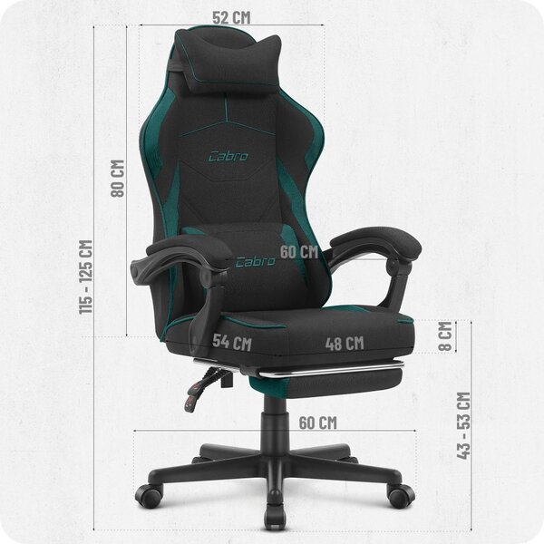 CABRO C502 scaun de gaming din țesătură, cu suport pentru picioare, până la 150 kg, negru și verde