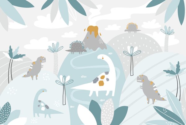 Fototapet Un dinozaur de desene animate cu un vulcan și plante, Fototapet copii, Fototapet populare, u98918 - Tapeko.ro