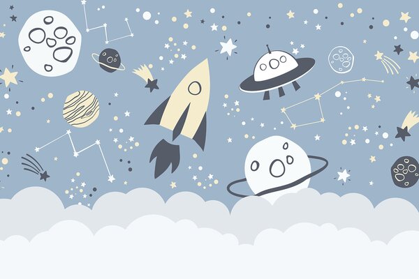 Fototapet O scenă spațială de desene animate cu planete și stele, Fototapet copii, Fototapet populare, u98814 - Tapeko.ro