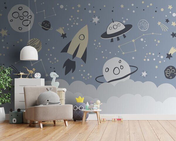 Fototapet O scenă spațială de desene animate cu planete și stele, Fototapet copii, Fototapet populare, u98814 - Tapeko.ro